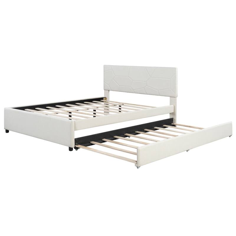 Roomfitters Queen Size Upholstered Platform Bed Frame with Twin XL Trundle and Geometric Patterned Headboard
