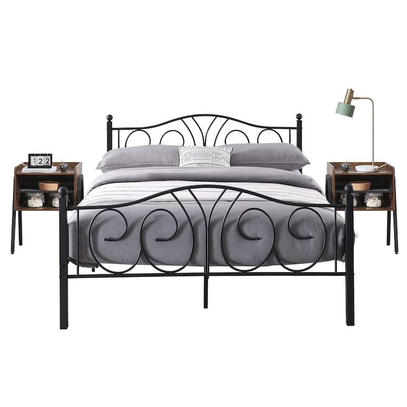 Taomika 3-Pieces Modern Black Metal Bed Frame and Brown Nightstand Sets