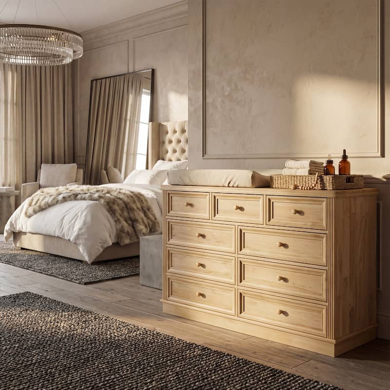 Solid Pine Wood Baby Changing Table Dresser with 9 Drawers – Natural Finish Nursery Dresser with Removable Changing Topper