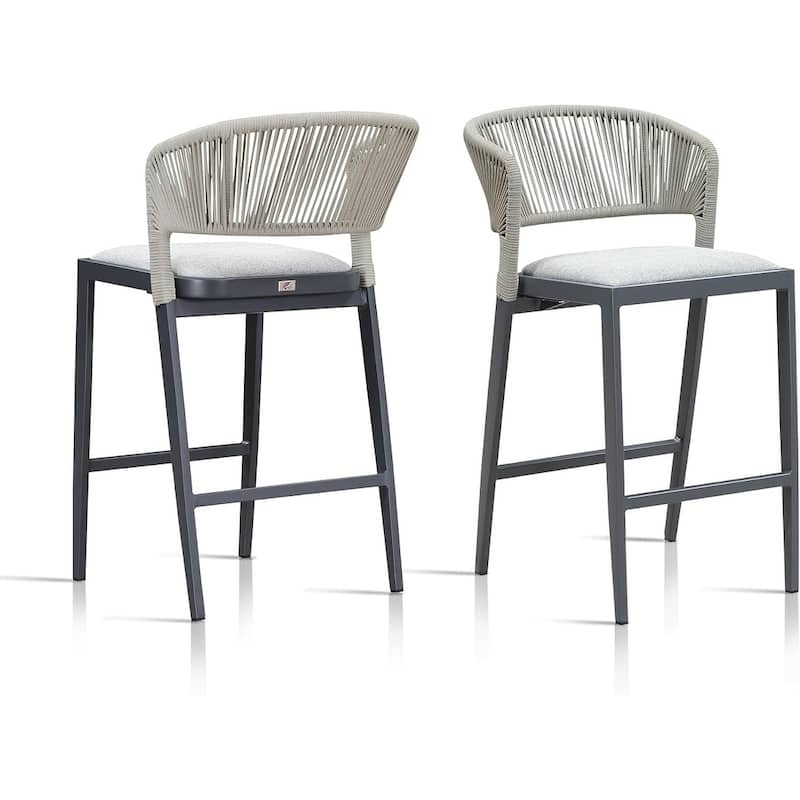 PURPLE LEAF Bar Stool Set of 2 Outdoor Rattan Bar Chair with Back Metal Bar Height Stool Wicker Barstool Dark Grey - N/A - Counter Height-Stone Cushion