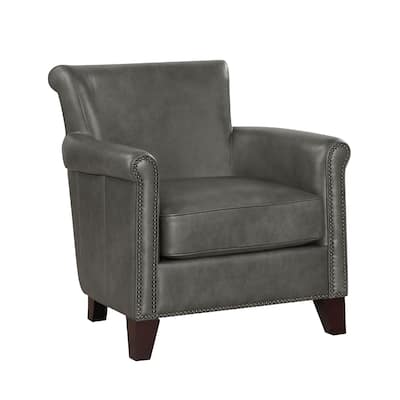 Tria Sofa Accent Chair, Gray Faux Leather, Nailhead Trims, 32 Inch