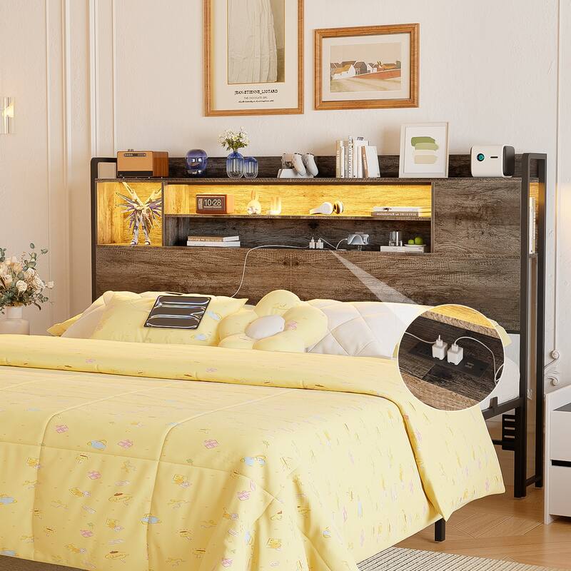 Storage Headboards with Power Outlet and LED Light, Head board with Storage Shelves for Bed Frame