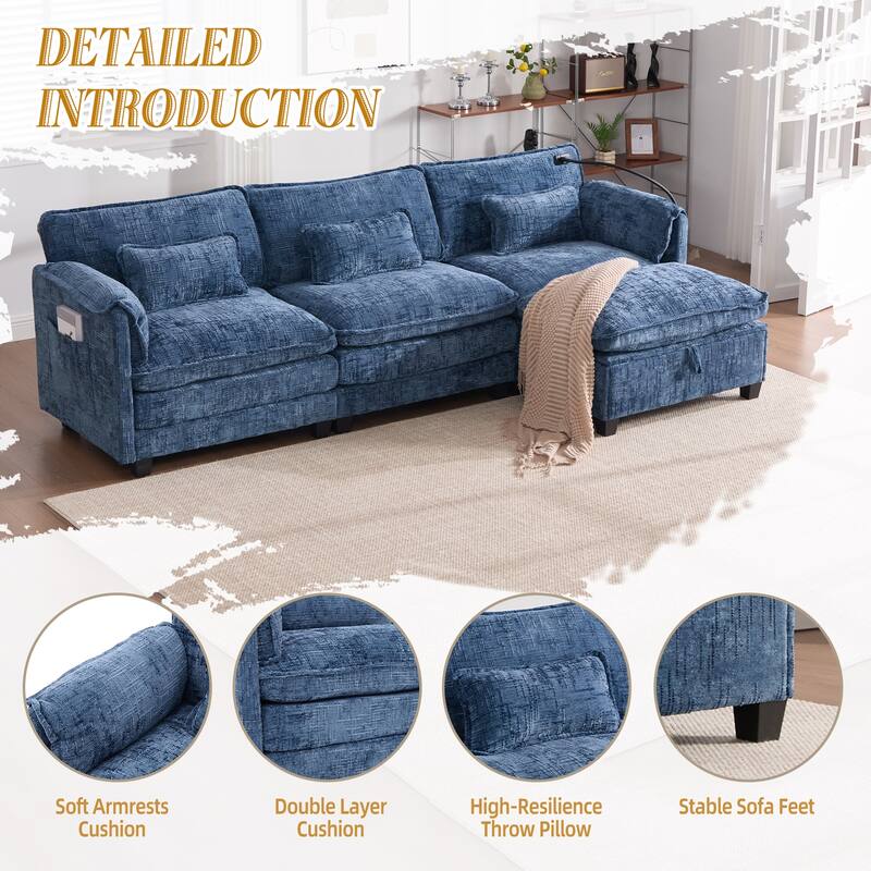 Modern Chenille Chaise Couch L-shaped Sectional Sofa with Storage Ottoman, Phone Holder, USB/Type-C Ports and Side Pockets