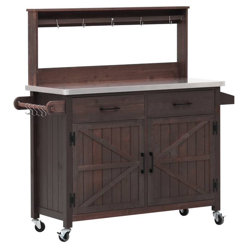54.1" Outdoor Kitchen Island with High Shelf, Large Outdoor Potting Table with Top and Storage Cabinet, With Lockable Wheels