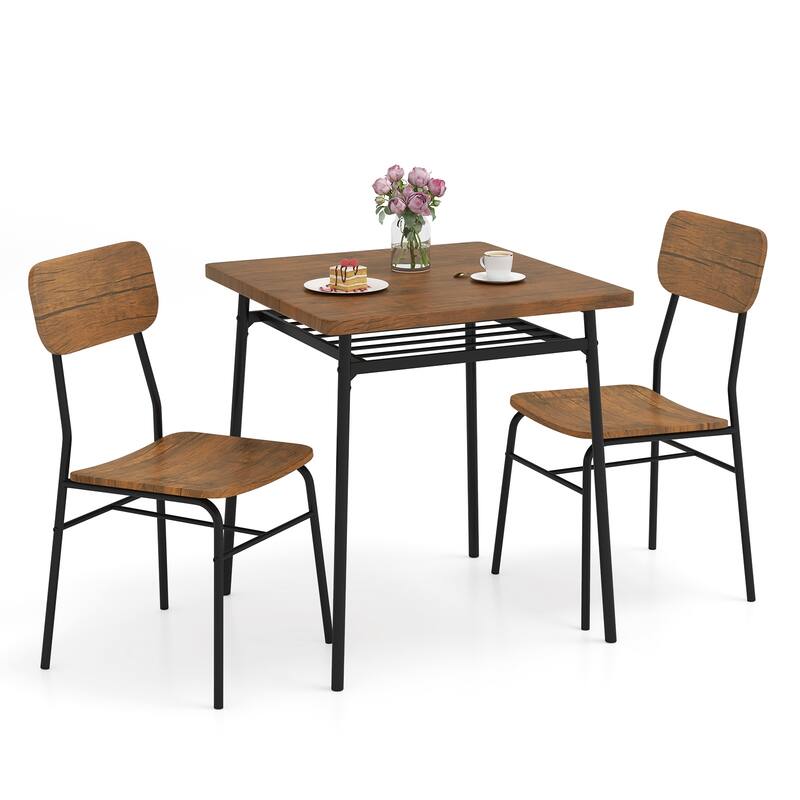 Gymax 3-Piece Wood Square Kitchen Table & Chair Set w/ Metal Frame