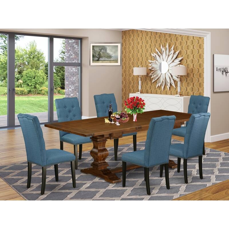 7-Piece Dinette Set - Linen Fabric Chairs, Antique Walnut Table - Dining Room Set for 6 - 92