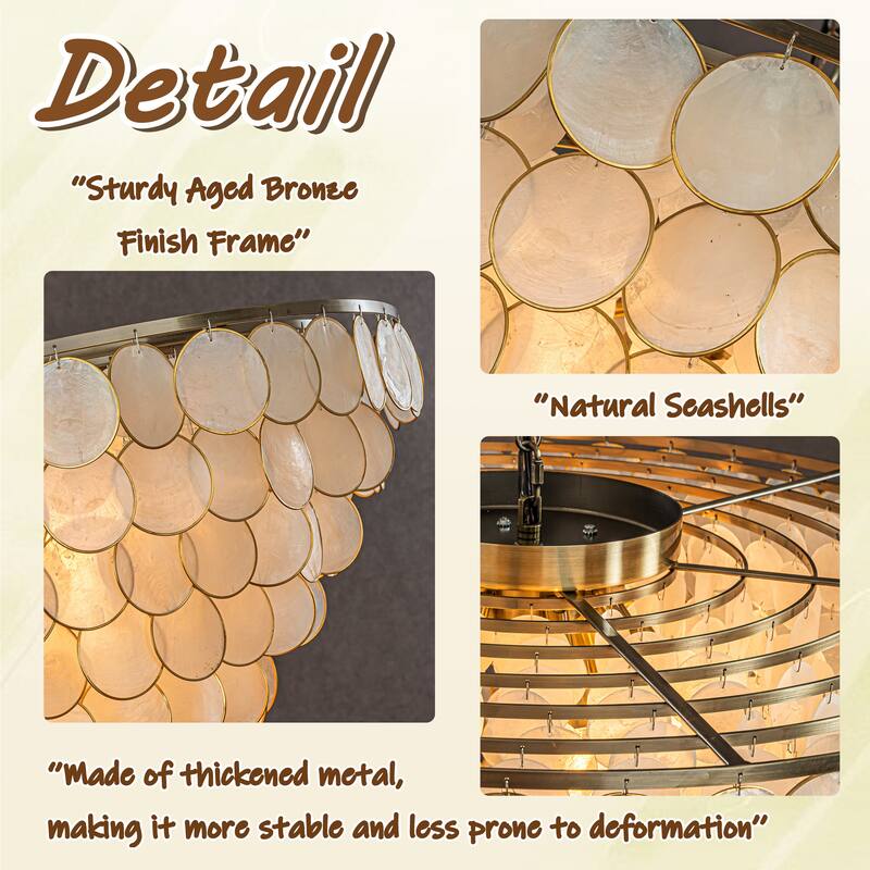 Wide Modern Coastal Aged Bronze Natural Capiz Shell Tiered Flush Mount Vintage Glam Ceiling Light For Living Room