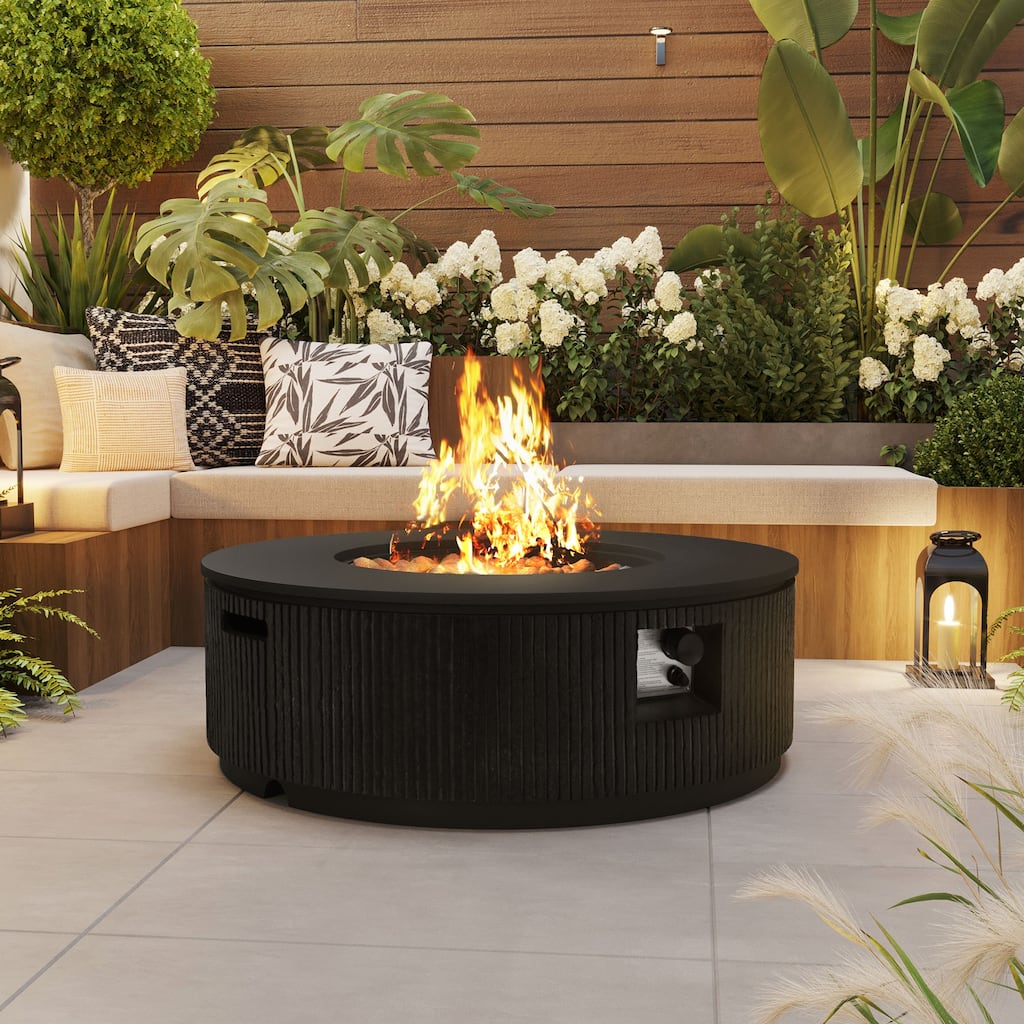 38.19" Propane Outdoor Fire Pit with Vertical Stripe Design, 50000 BTU Round Fire Pit Table with Steel Burner, Flame Control