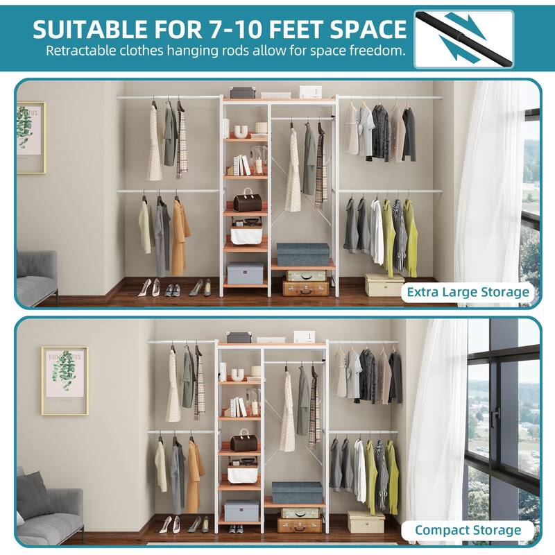 Wall-Mounted Clothing Storage Rack Multi-Functional Closet Organizer System with Adjustable Rods and Shelves