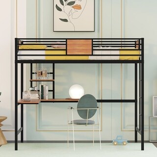 Multiple Functions Design Loft Bed with Guardrail, one Shelf and Built-in Desk, Twin Size