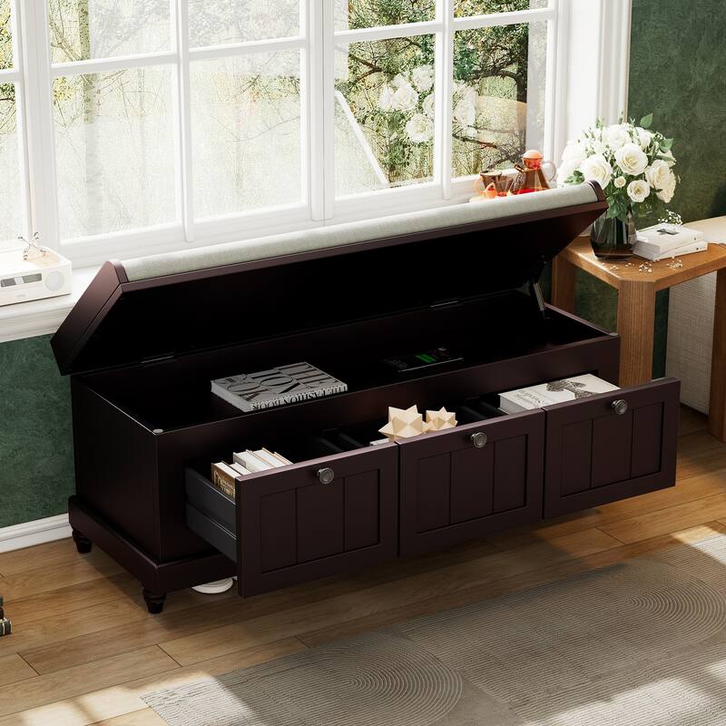 Classic Shoe Bench with Cushion and 3 Drawers, Entryway Bench Corridor Bench Window Bench Espresso Vanity Bench - Espresso