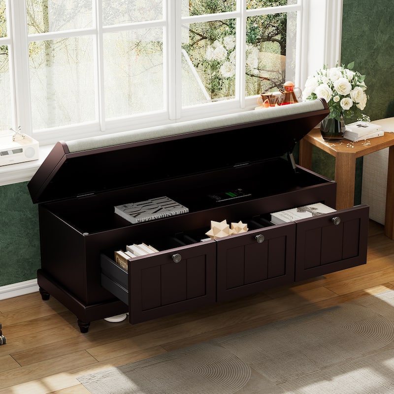 Storage Bench with Cushioned Seat & 3 Drawers, Wooden Entryway Storage Bench, Shoe Bench with Hidden Storage Space