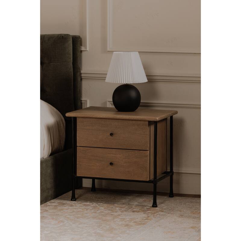 NADAAL STUDIOS Valenor Nightstand, Solid Acacia Wood with Hammered Iron Base and Traditional Beveled Details, Brown