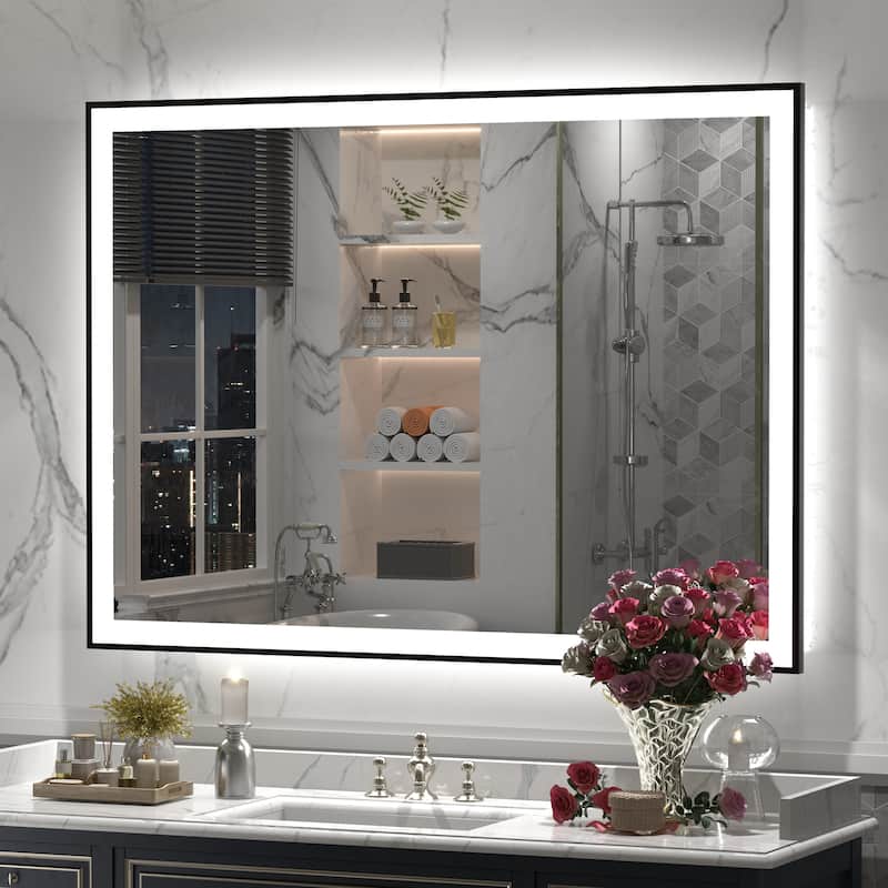 Front & Back LED Anti-Fog Tempered Glass Framed Bathroom/Vanity Mirror 3-Year Warranty - 44" x 32"-Square Corner - Black