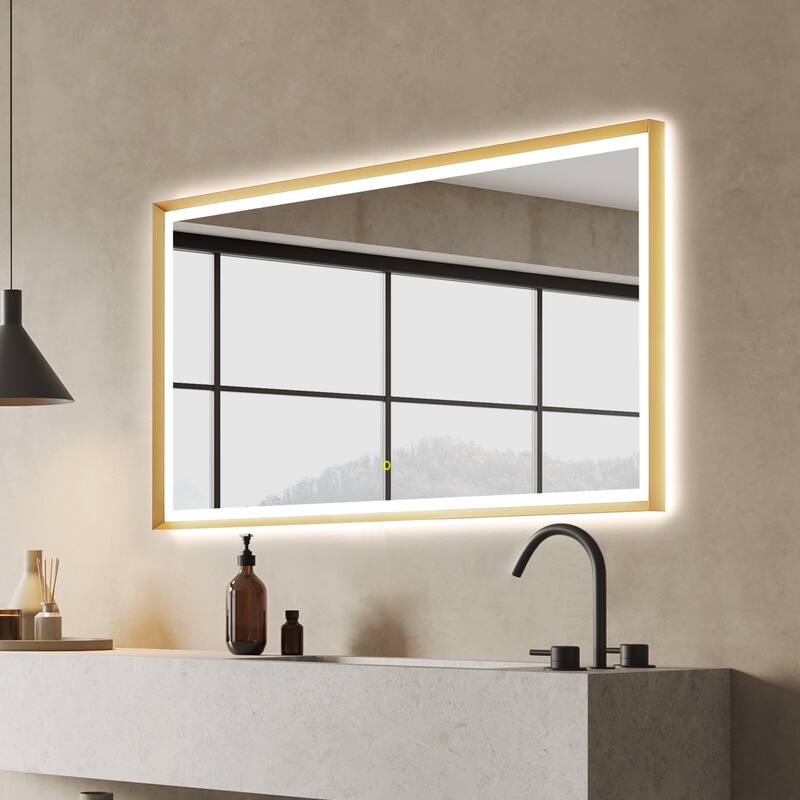 Apollo Rectangular Anti-Fog Dimmable Modern Bathroom/Vanity LED Lighted Wall Mirror in Brushed Gold Aluminum Framed