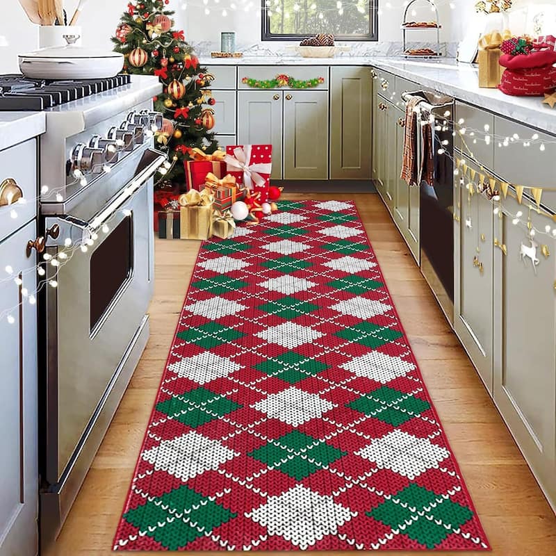 Christmas Holiday Plaid Throw Area Rugs, Non Slip Machine Washable, Green+Red