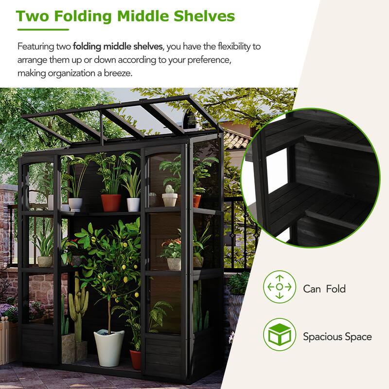 78-inch Wooden Cold Frame with 4 Independent Skylights and 2 Folding Middle Shelves