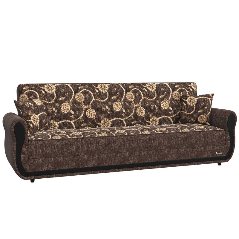 HomeRoots 90" Beige And Brown Chenille Convertible Futon Floral Sleeper Sofa With Toss Pillows And Storage