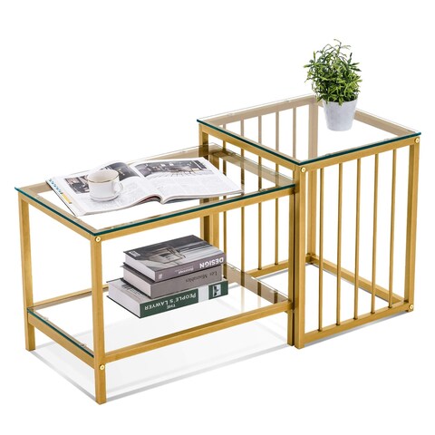 Mcombo Square Glass Nesting Coffee Table, End Table for Living Room