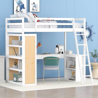 Twin Size Solid Wood Loft Bed with Guardrails, Desk, Ladder & Shelves