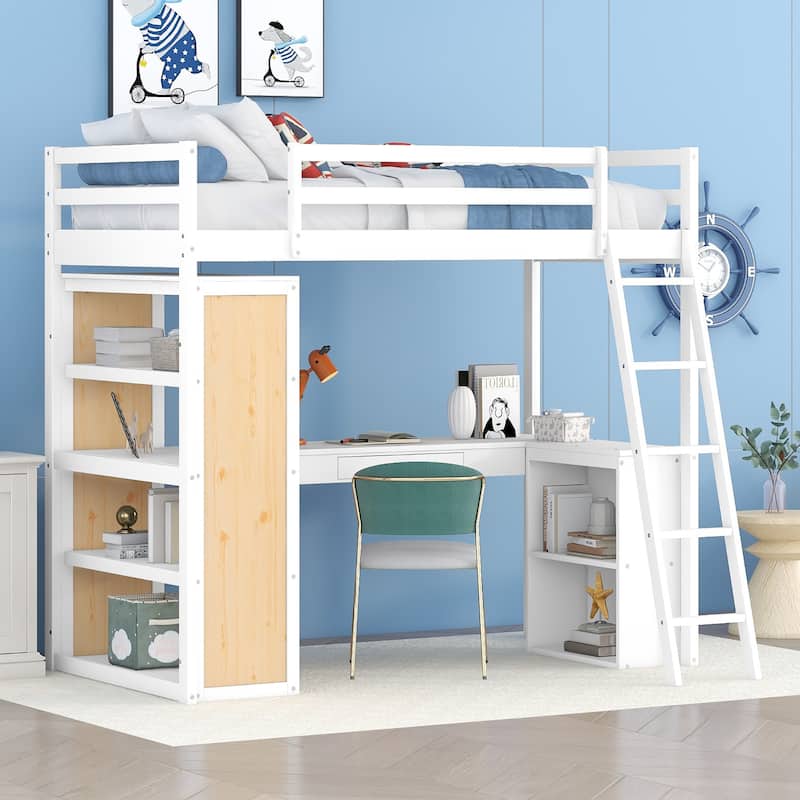 White Loft Bed with Desk, Shelves, Drawer, and Ladder, Full-Length Guardrail