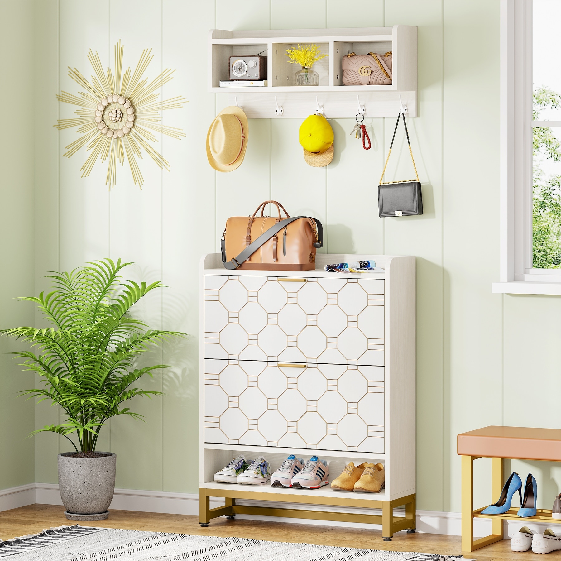 Modern Shoe Cabinet with Coat Rack for Entryway,Free Standing Shoe