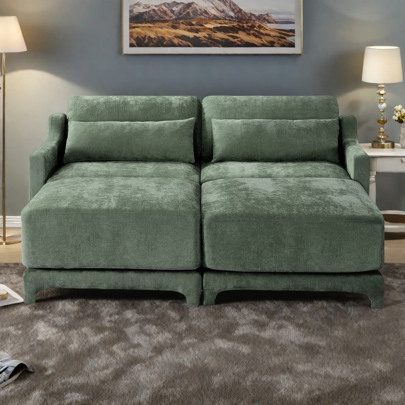 73.2" Chenille 2-Seater Sofa with Ottoman, 2 Lumbar Pillows, High-Resilience Sponge and Solid Wood Base