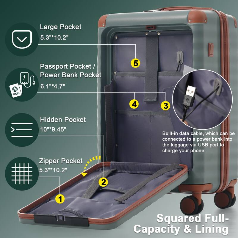 Luggage Sets 5 Piece with Front Opening, Hardside Expandable Carry on Suitcase, with Spinner Wheels, TSA Lock, USB Port