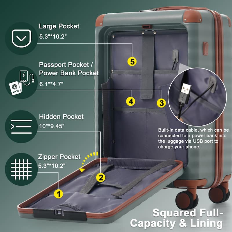 Luggage Sets 5 Piece with Front Opening, Hardside Expandable Carry on Suitcase with Spinner Wheels TSA Lock USB Port Cup Holder