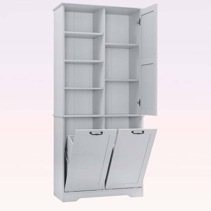 Bathroom Storage Cabinet with Doors, Drawers, Tilt-Out Laundry Hamper, and Adjustable Shelves, Oak Finish
