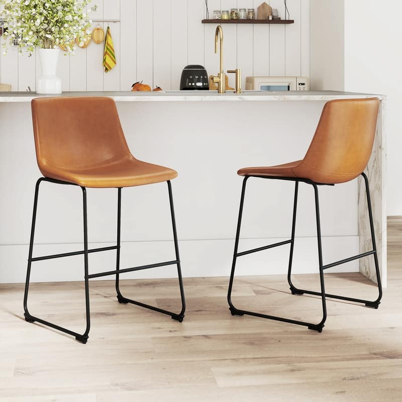 Modern PU Leather Stools with Footrest Set of 2 - Brown-2-Pieces