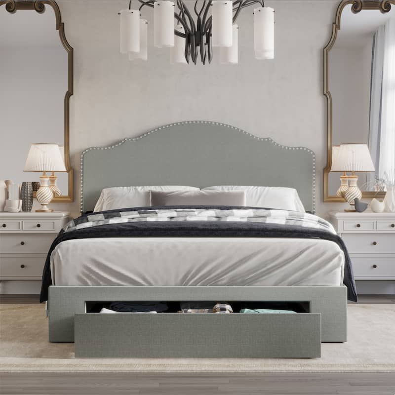 CraftPorch Transitional Linen Nailhead Upholstered Storage Bed