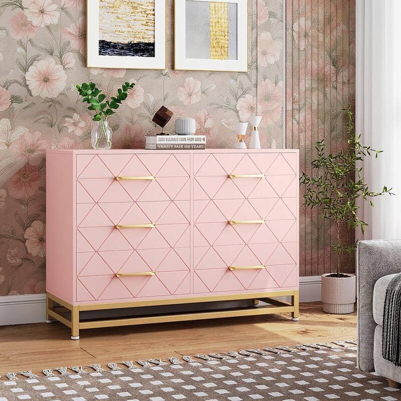 6 Drawer Wooden Dresser, with Metal Handle - Pink