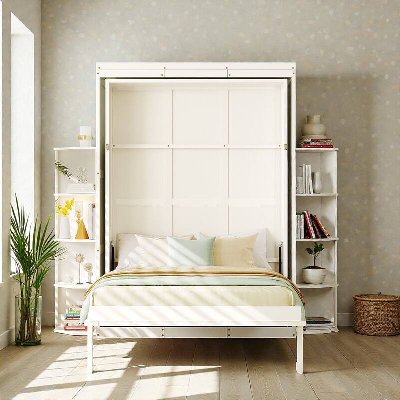 Queen Rotating Murphy Bed with Desk, Dual 3-Tier Side Shelves, Hidden Wall Cabinet, Space-Saving Wall Bed