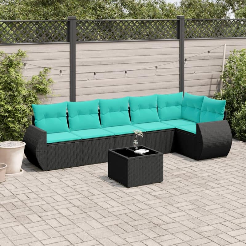 vidaXL Patio Sofa Set with Cushions Outdoor Conversation Furniture Poly Rattan - 24.4 x 24.4 x 27.2 - Black-With table