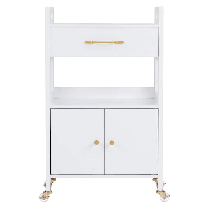 White Rolling Trolley Cart with Cabinet & Lockable Wheels - 13.8"D x 18.89"W x 31.7"H
