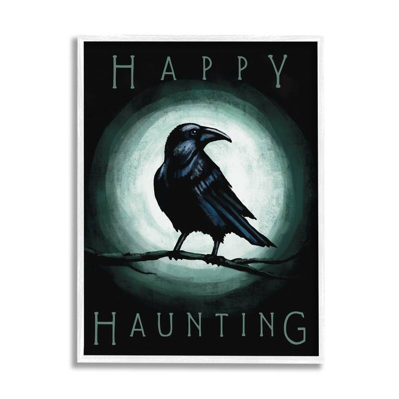 Stupell Happy Hauntings Phrase Black Crow Perched Festive Halloween Framed Wall Art