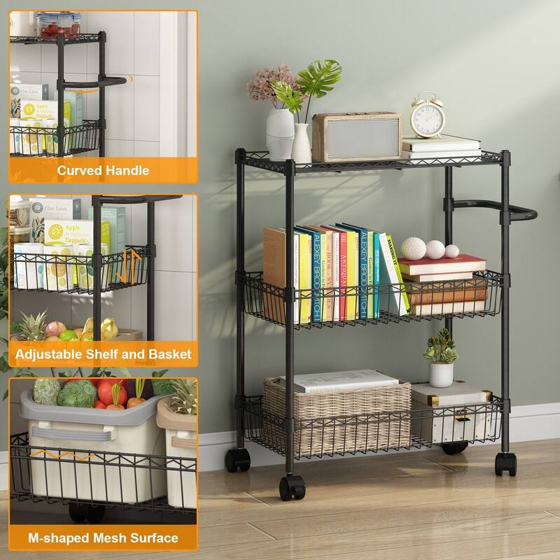 3 Tier Rolling Storage Cart, Adjustable Wire Storage Shelving Unit, Kitchen Organizer Cart Wire Rack On Wheels