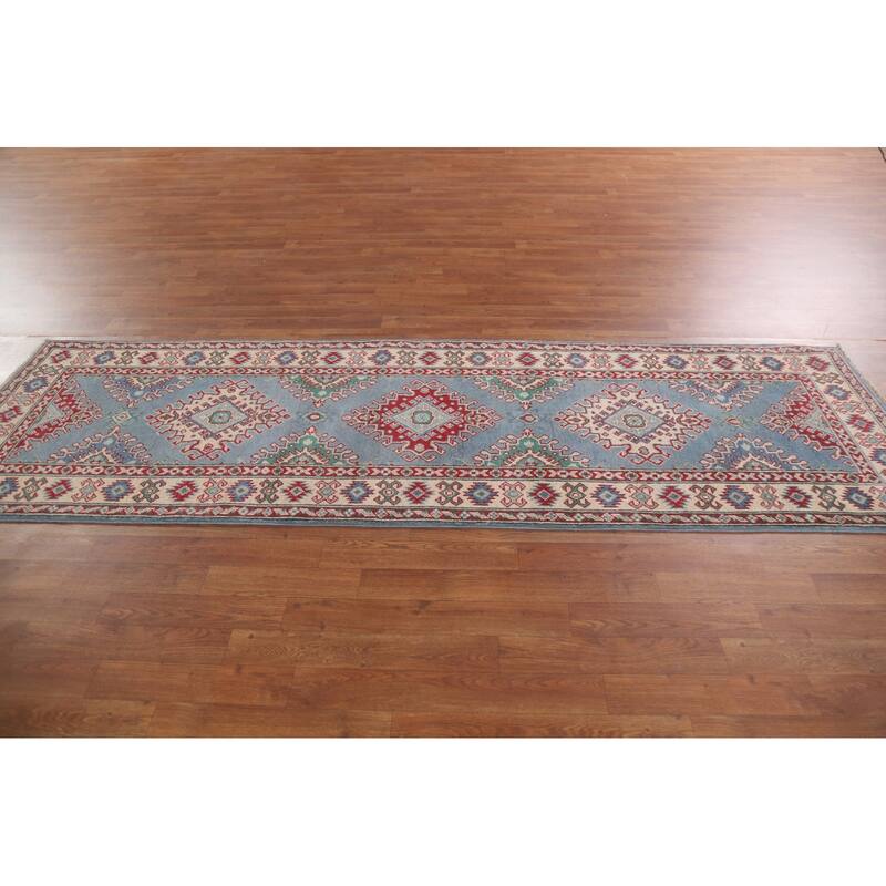 Hand Knotted Oriental 100% Wool Carpet Traditional Geometric Navy Blue & Blues Kazak Runner Rug - 8' 11'' X 2' 9''