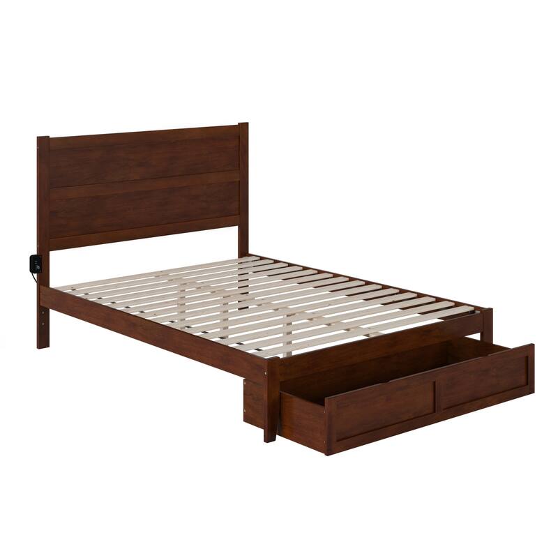 Walnut Platform Bed with Storage Drawer - Modern Wood Slat Bed Frame - HomeStock Noho