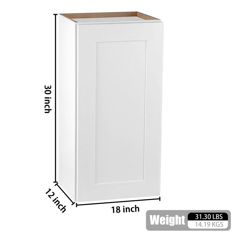 White Shaker Solid Wood Wall Cabinet, 18 Inch Ready-to-Assemble with 2 Adjustable Shelves, Perfect for Kitchen, Bathroom