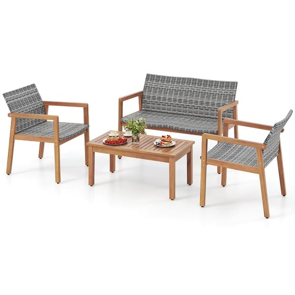 slide 2 of 10, Gymax 4 Pieces Outdoor Furniture Set Acacia Wood Frame Sofa Set w/ Mix Gray+Brown - 4-Piece
