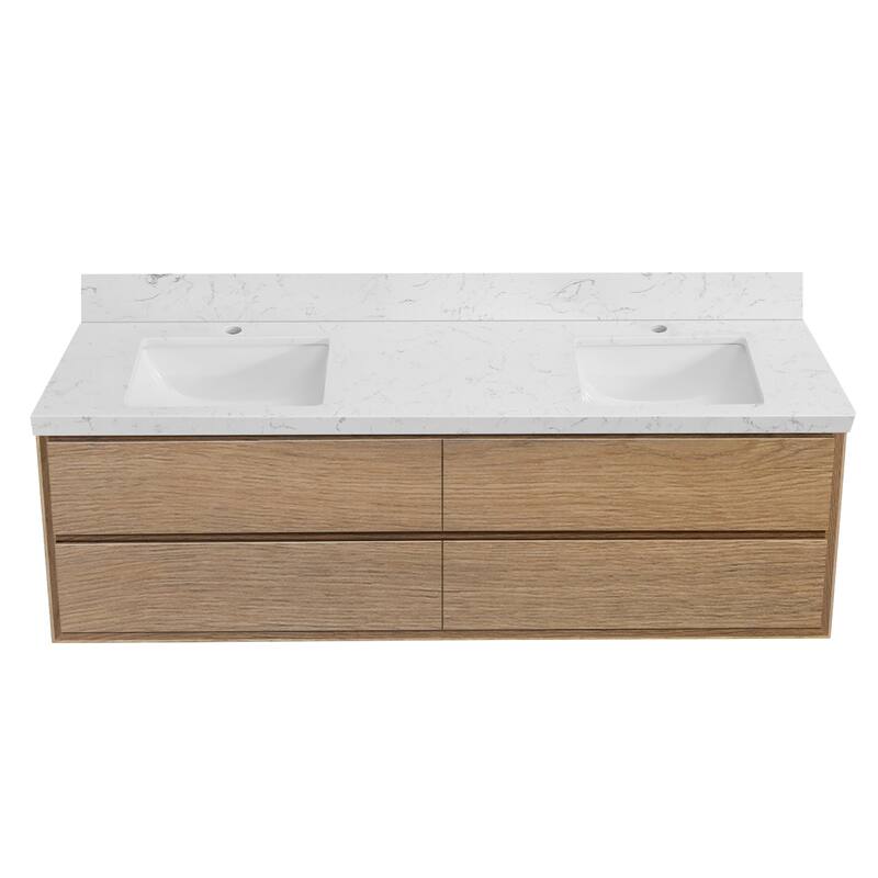 24"30"36"48"60"72"84" Floating Bathroom Vanity Engineered Stone Top with Rectangular Ceramic Undermount Sink - 72” - Natural Oak