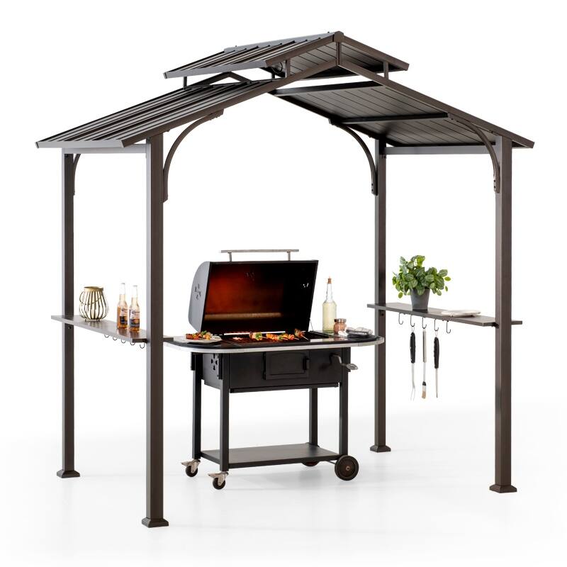 Sunjoy Grill Gazebo 5 ft. x 8 ft. Brown Steel Frame Double Tiered Hardtop Gazebo with Ceiling Hook and Bar Shelves