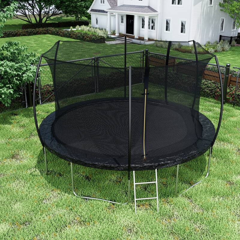 ASTM Approved Trampoline - Safety Enclosure, Ladder, Outdoor Recreational Use - Black - 166.1