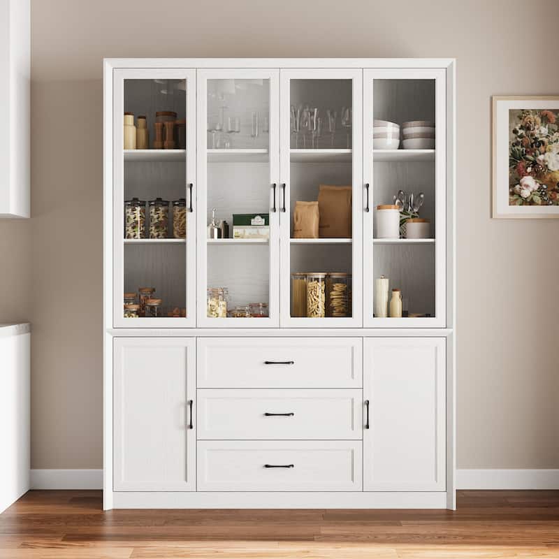 61.8" W Kitchen Pantry Cabinet, Freestanding Cupboard with Glass Doors - White