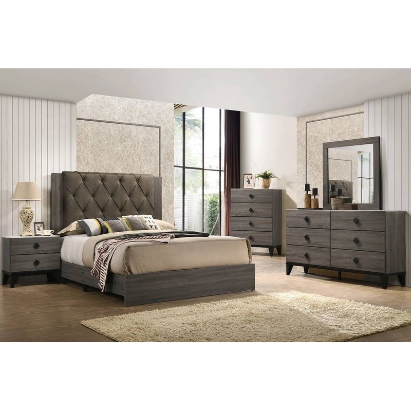 Contemporary Style Bed Set Diamond Tufted Headboard Low Profile Bed Gray Finish Bedroom Furniture