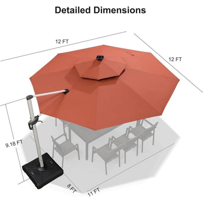 PURPLE LEAF Double Top 10/11/12ft Round Outdoor Patio Cantilever Umbrellas with Lights