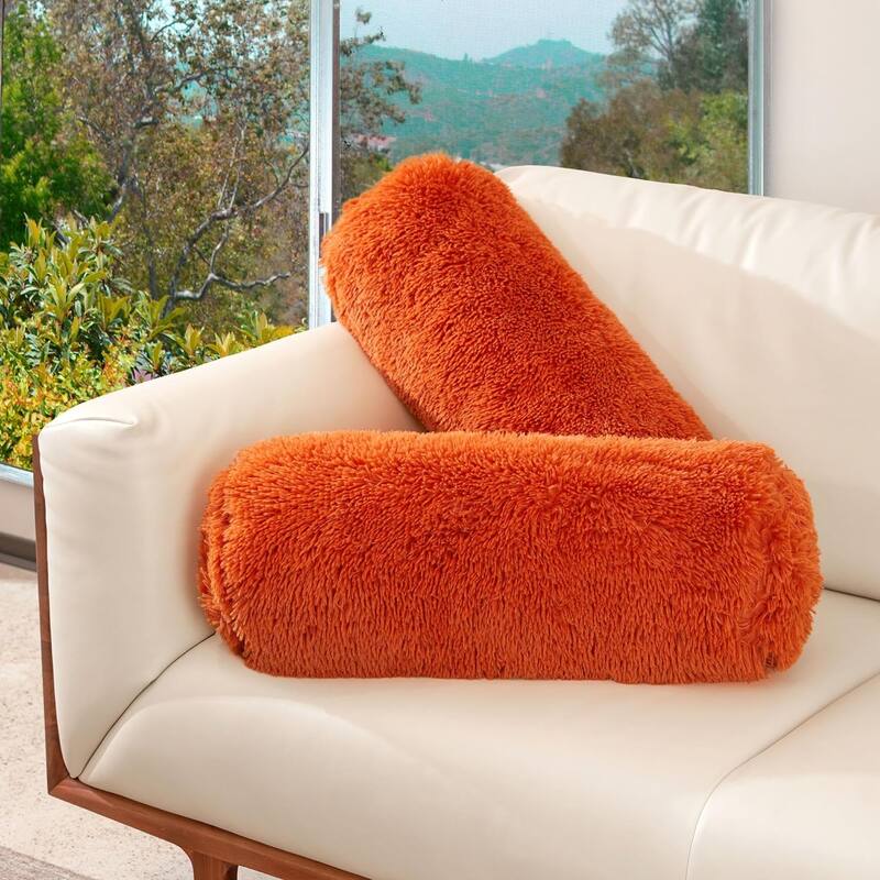 Cheer Collection 8" x 24" Set of 2 Shaggy Long Hair Bolster Pillows - Rust
