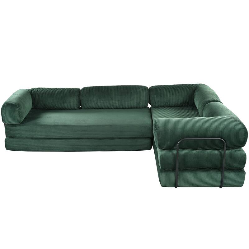 Green Corduroy Polyester L-Shaped Modular Sofa Bed, 115"x79"x30", 162 lbs
